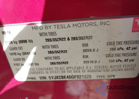 2016 Tesla Model X 75D/P100D/P90D from USA, damaged, VIN 5YJXCBE46GF021525